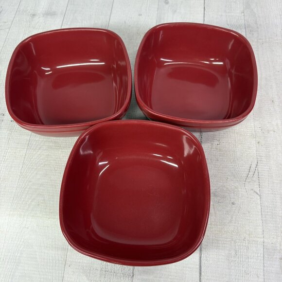 Home Trends CANOPY RED Cranberry Emboss Square Porcelain Soup Cereal Bowls Set 3 - Picture 7 of 16